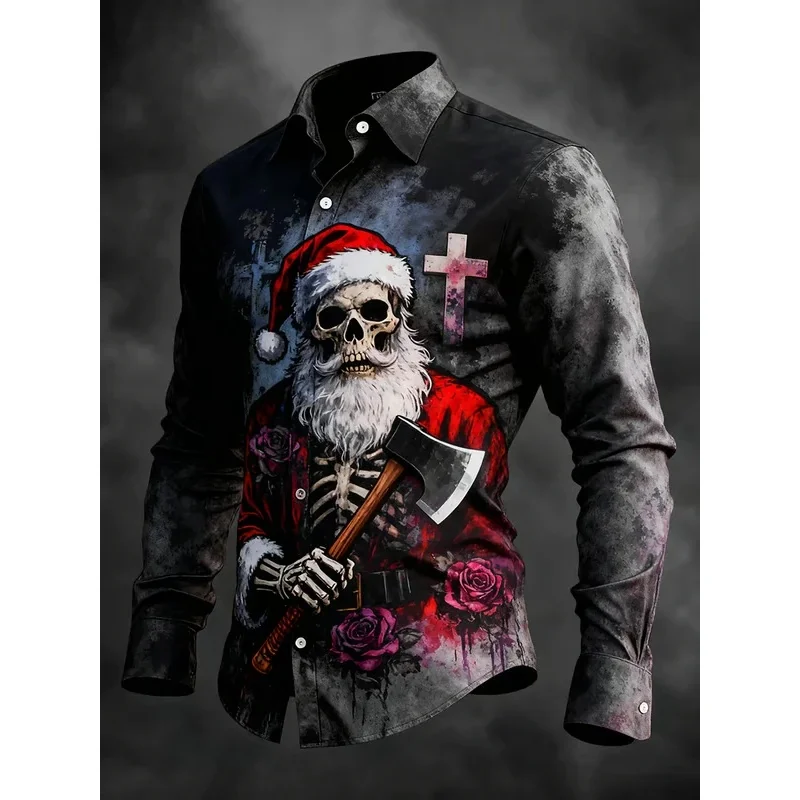 Gothic Christmas Skull Print Men's Long-Sleeve Shirt with Santa Claus Skull Print - Casual Fit for Christmas Celebrations