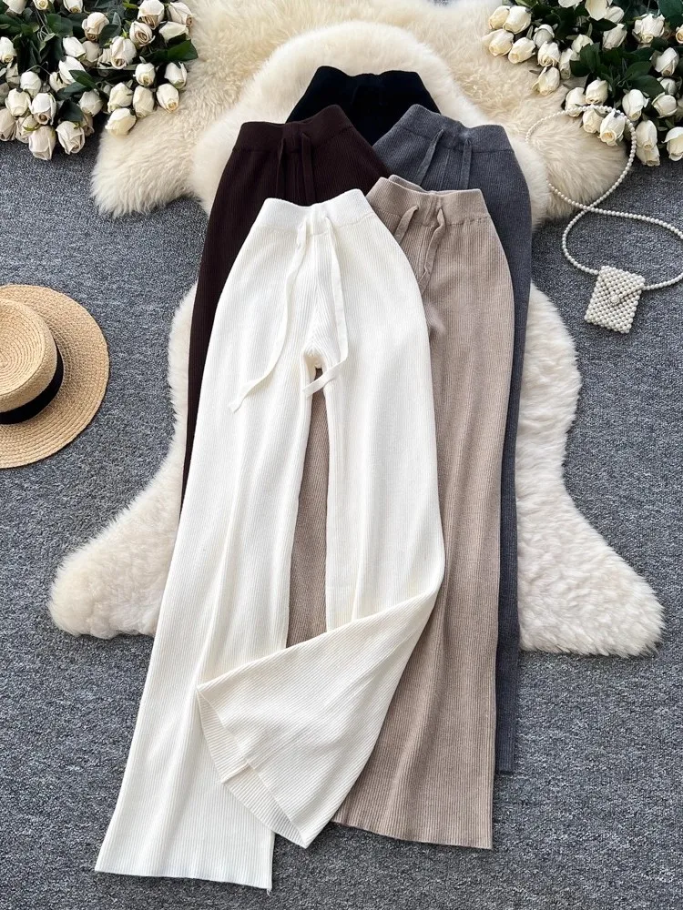 Pantaloni Casual da Donna a Vita Alta, Morbidi e Comodi, in Maglia, Gamba Larga, Vestibilità Ampia, Lunghezza al Pavimento, per Autunno e Inverno