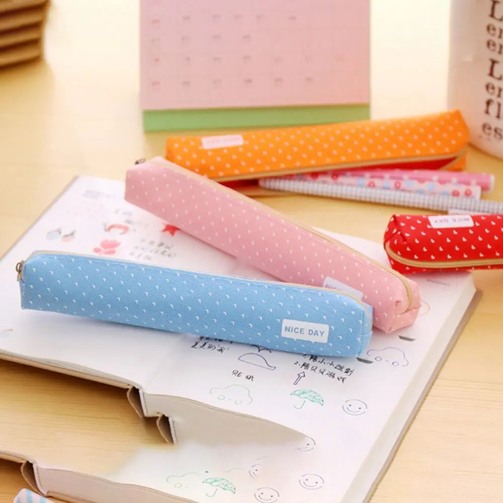 Lipstick Bag Long Strip Pencil Case Candy Color Dots Canvas Pencil Bag Zipper Simple Stationery Pouch Girls