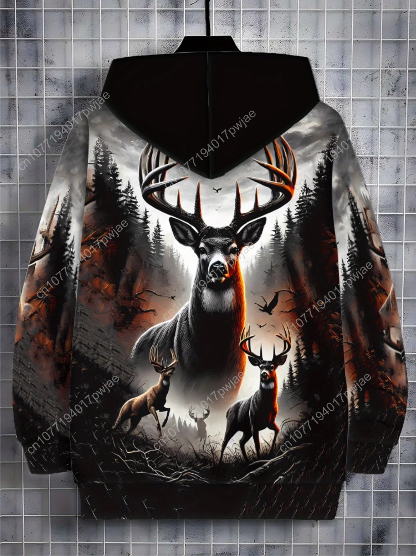 Casquette zippée à manches longues pour hommes, vêtements de sport, sweat à capuche imprimé forêt de cerf pour les aventures en plein air, tissu en polyester doux, couleur grise, Lig