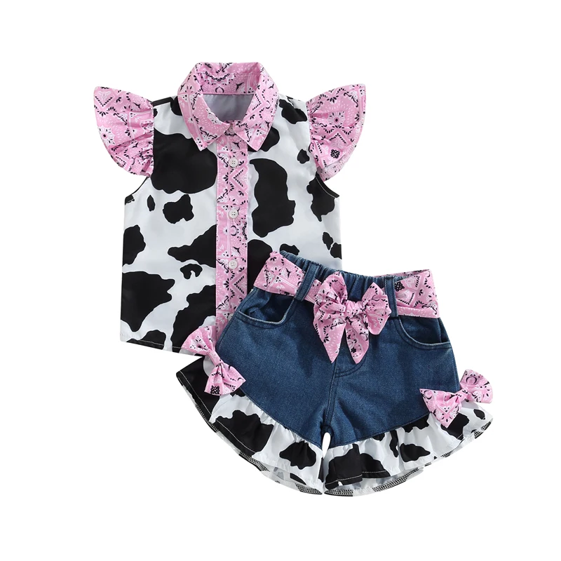 

Toddler Girl Cow Print Turn-Down Collar Fly Sleeve Tops and Bow Denim Shorts with Belt 2-Piece Outfit Set for Summer