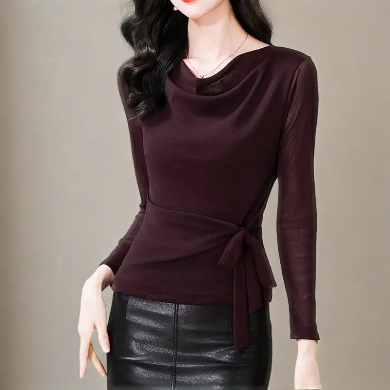 

Asymmetric Tie-Front Mesh Tops Women 2025 Autumn Long Sleeve Slim-Fit T-Shirts Women Casual Clothing Femme
