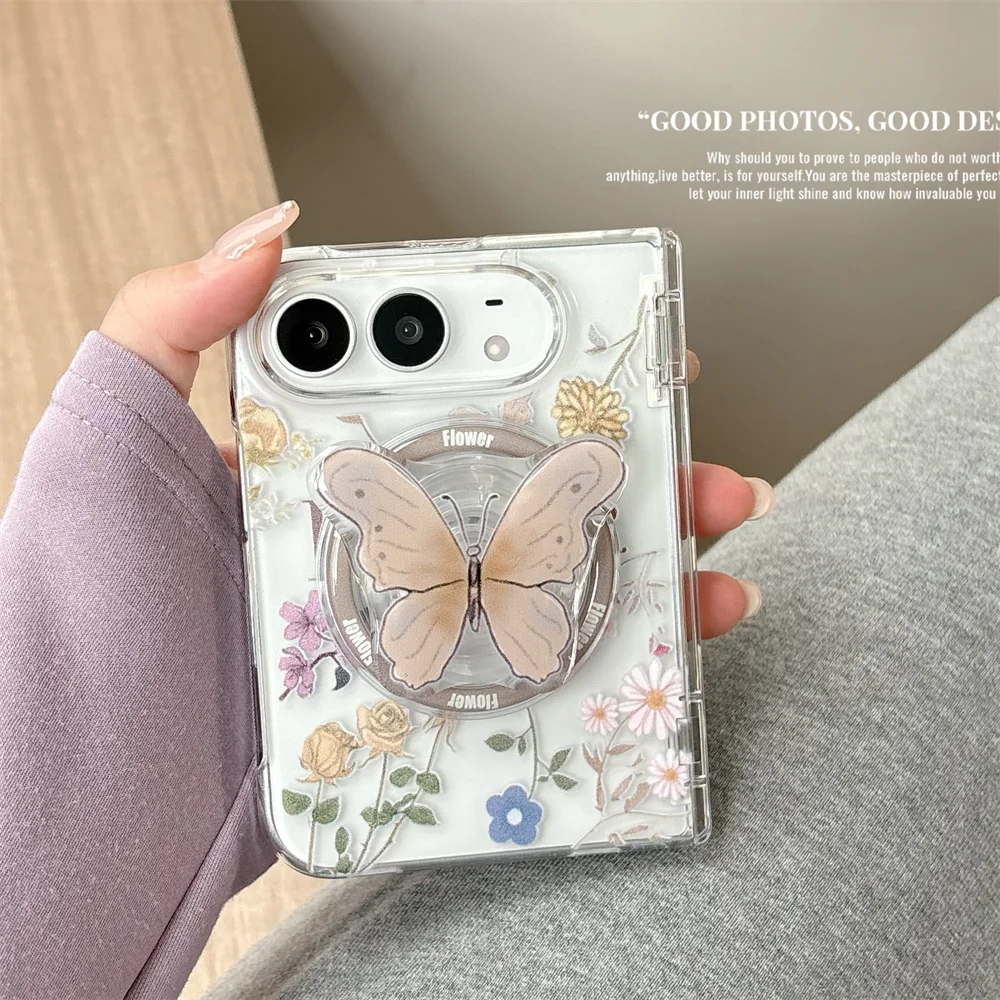 Luxury Korea Ins Flower Butterfly Magnetic Phone Case with 360° Rotatable Bracket For iPhone Duo Shockproof Protective Cover