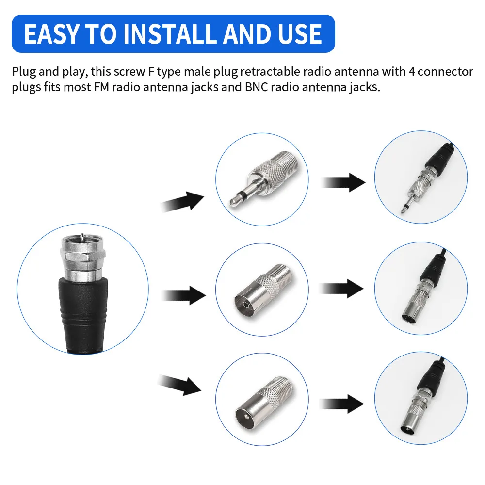 High Gains FM Telescopic Antennas 75 ohm DAB FM Antennas Indoor M Radio Antennas with 3 Adapter for Digital FM Radio