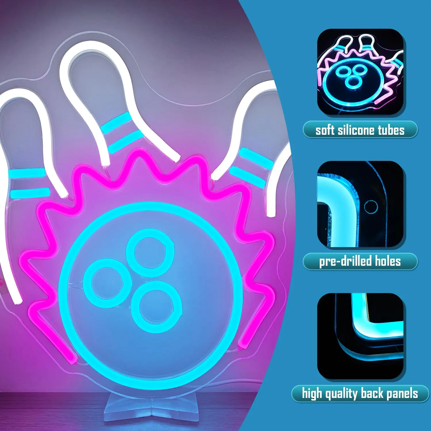 البولينج النيون لتزيين الحائط عكس الضوء كرة الانحناء ضوء النيون للرجل الكهف لعبة غرفة نوم غرفة اللعب نادي رياضي هدية #3