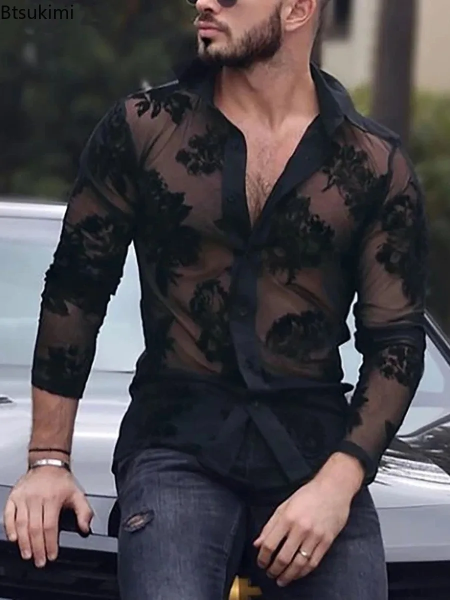 2026 New Men's Breathable Lace Long Sleeve Shirts Sexy Mesh Transparent Party Shirt Spring Fall Streetwear Vintage Casual Shirts