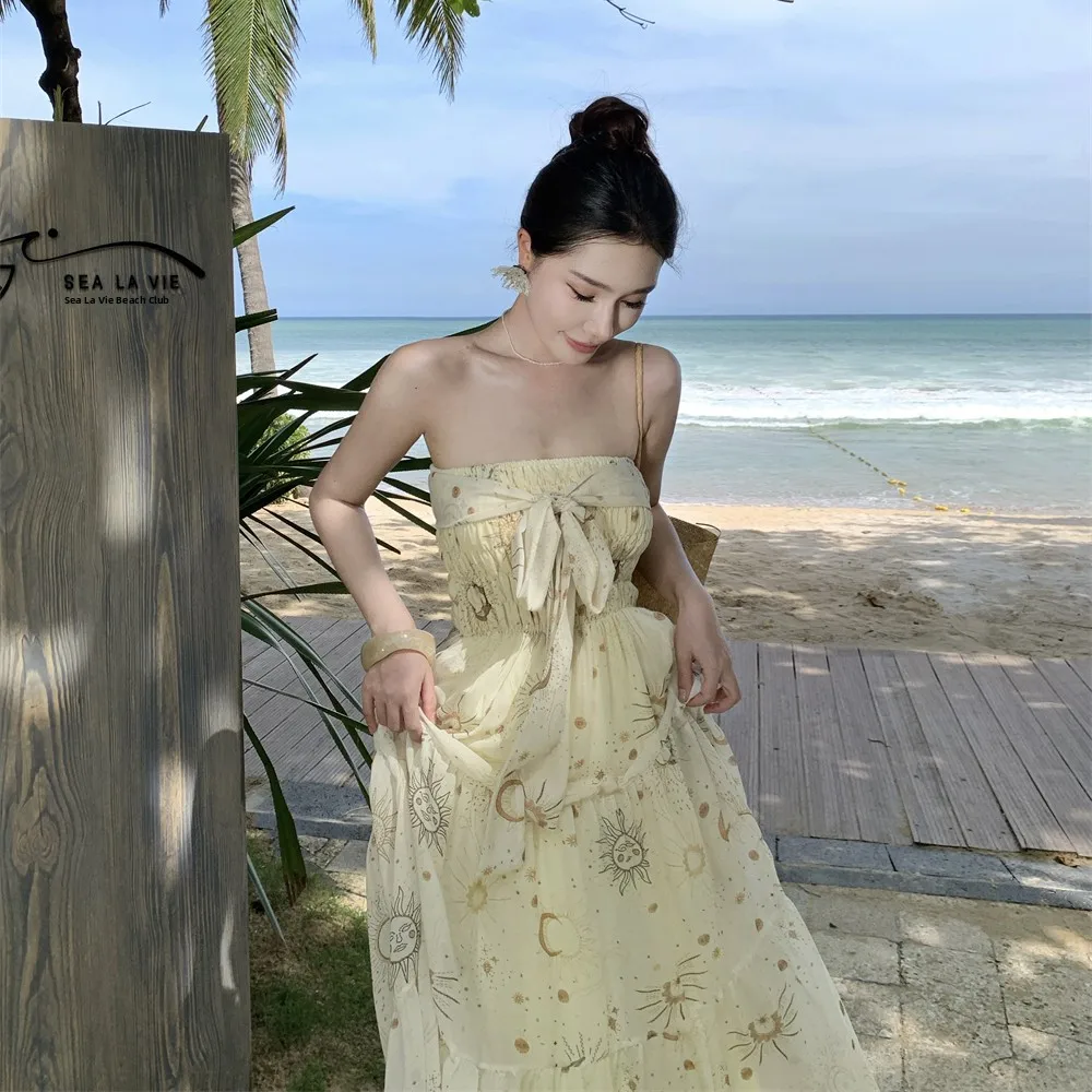 

Yellow Floral Print ter Dr Street Sle Midi Skirt Polyester Fiber No Sve Casual Wear for Young Women