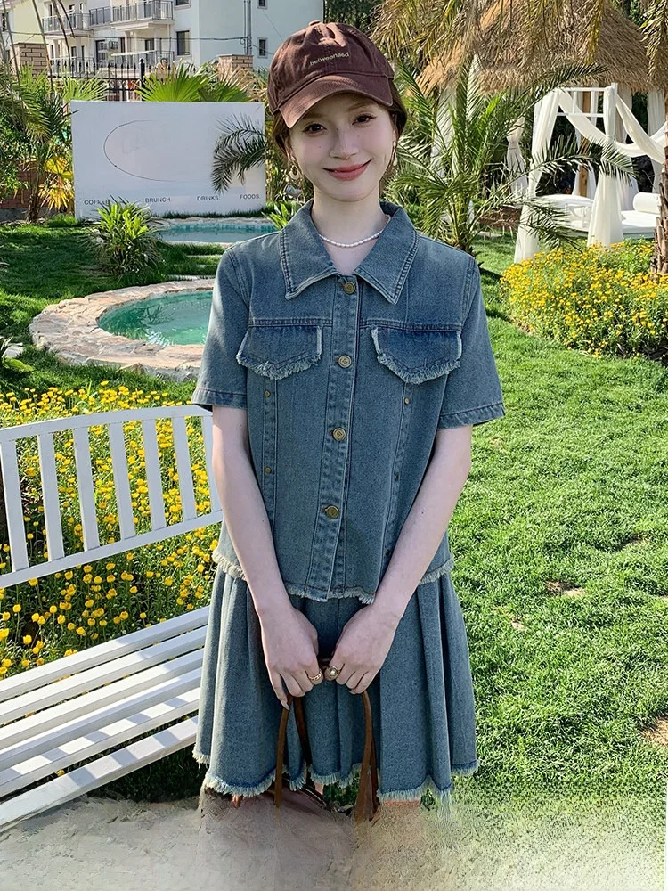 

Летний комплект для женщин больших размеров: хлопковая джинсовая юбка и жакет, модный двухсоставный ансамбль для фигуры типа «груша», для повседневной носки