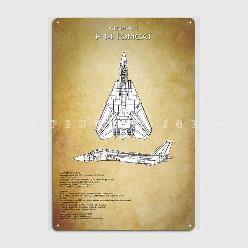 Grumman F-14 Tomcat Blueprint Metal Sign Club Club Bar Vintage Wall Decor Tin Sign Poster