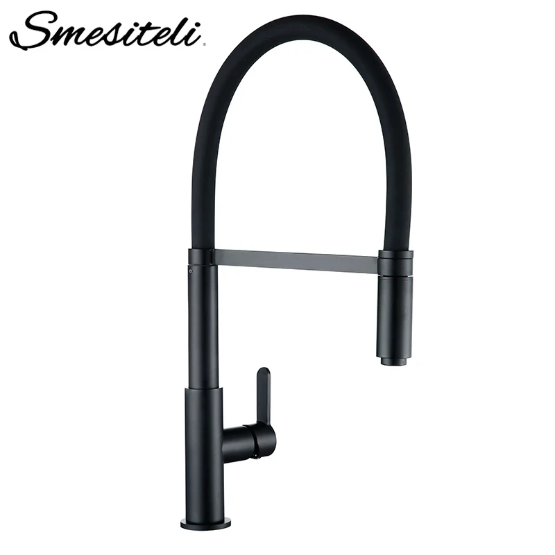 

Smesiteli Kitchen Faucets Round Matte Black Brass Single Handle Single Hole 360 Degree Swivel Mixer Sink Tap Pull Out Down Taps