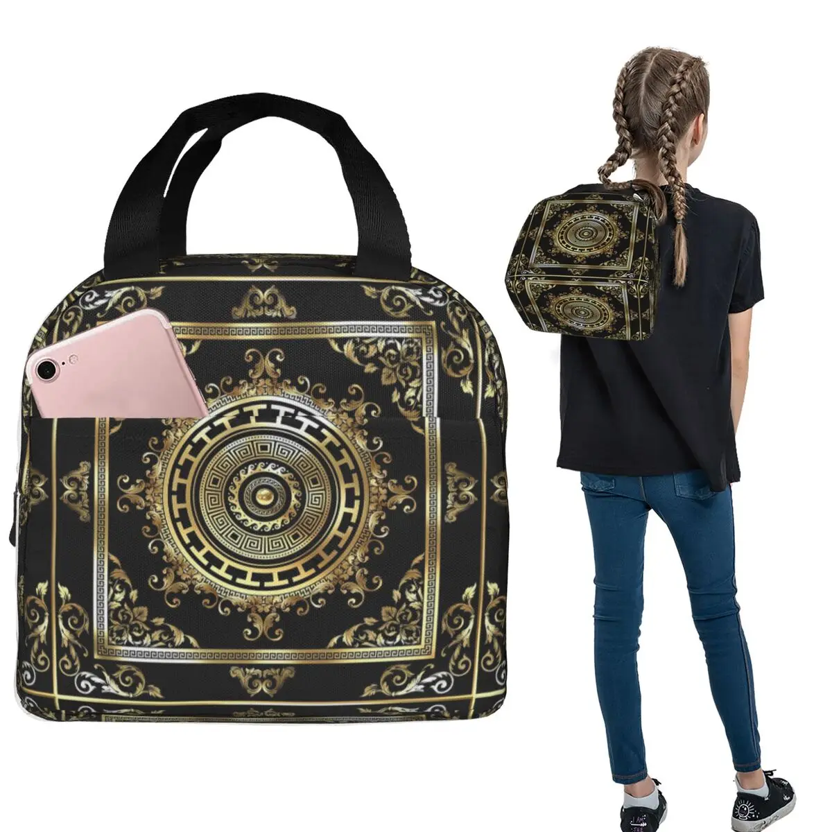 

Greek Keys Black Gold Medallion Meander Baroque Insulated Lunch Bag for Women Children Food Boxes Thermal Lunch Box Tote