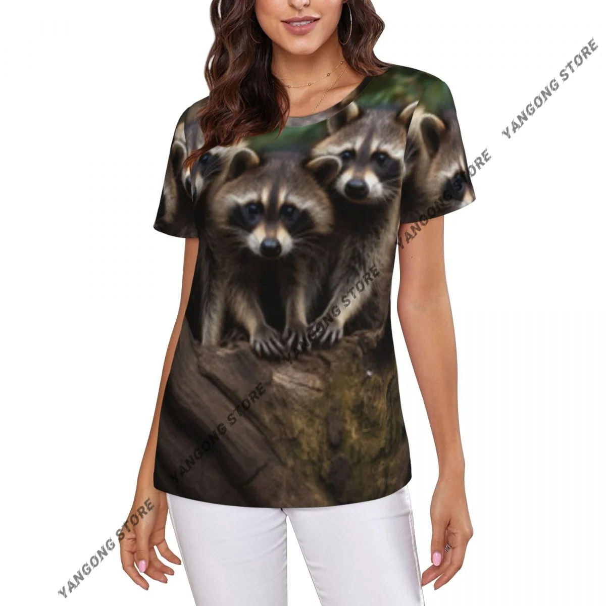 Women's T-shirt Adorable Raccoon Kits Tshirt Women Casual O-Neck Short Sleeve Tops Tees Clothing