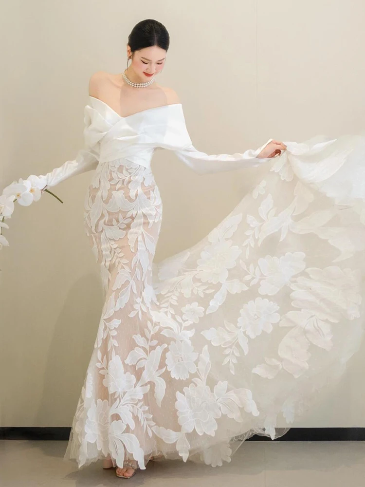 Vestidos de novia de lujo de manga larga con hombros descubiertos, vestido de sirena con forro desnudo para sesión de fotos, vestido de novia elegante de encaje con apliques