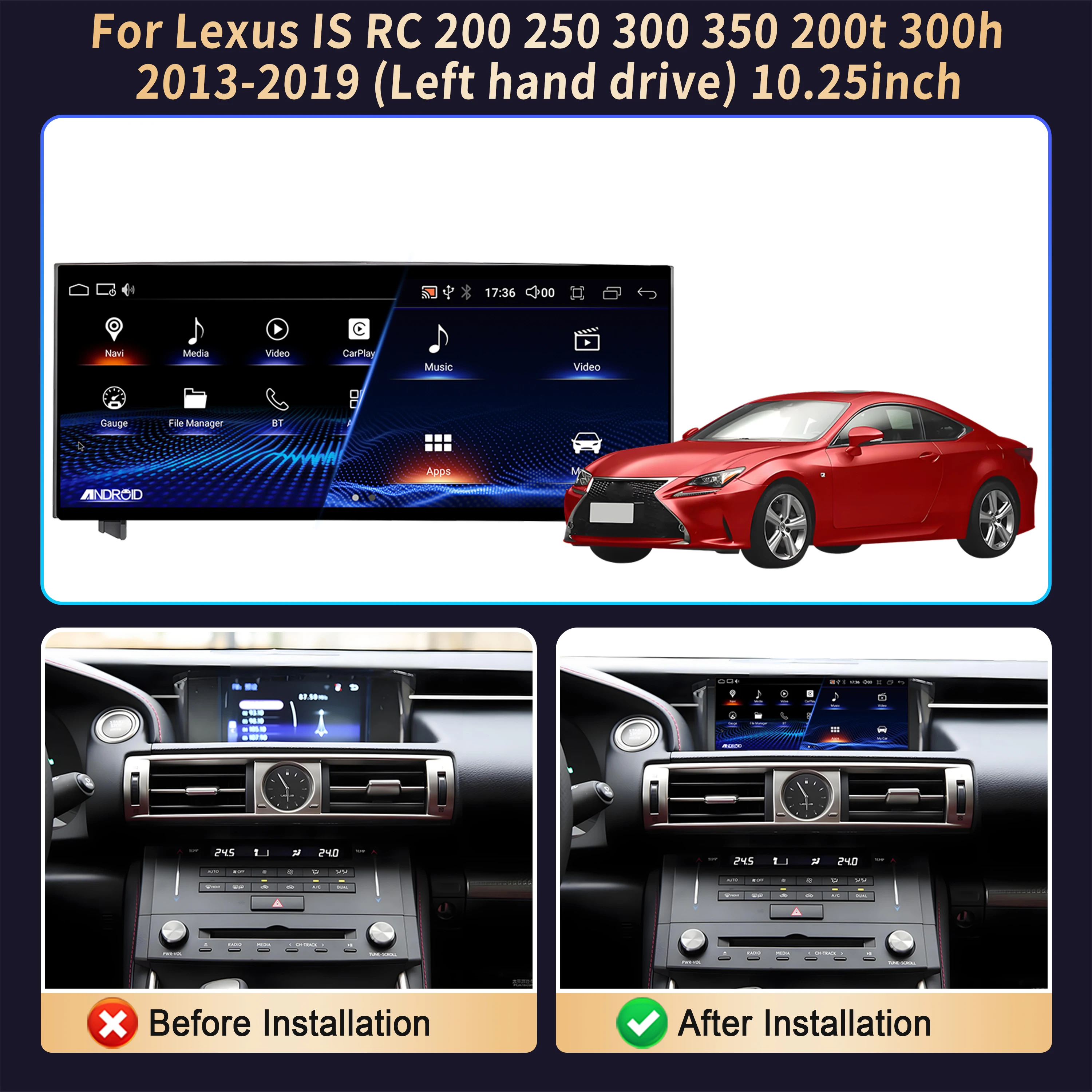 10.25 inch Carplay Android 14 For Lexus IS RC 200 250 300 350 200t 300h 2013-2019 GPS Navi Snapdragon 680 Touch Screen Car Radio