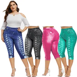 ROSEGAL Plus Size High Waist 3D Lace Up Print Capri Leggings Women's Spring Summer Casual Yoga Sport Pencil Pant Mid-Calf Mujer