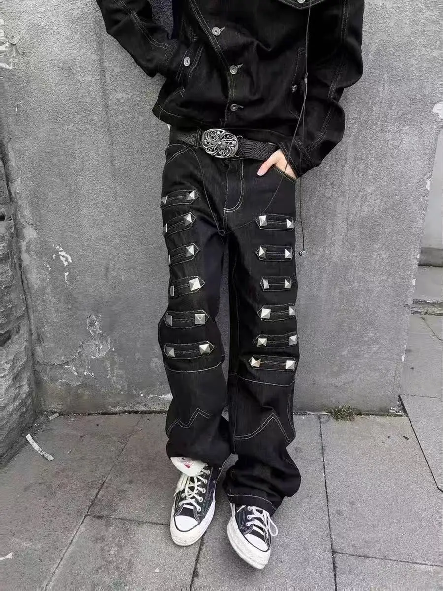 Men's Black Straight Jeans with Metal Buckle, American High Street Loose Wide Leg Floor-Length Casual Trousers for Spring