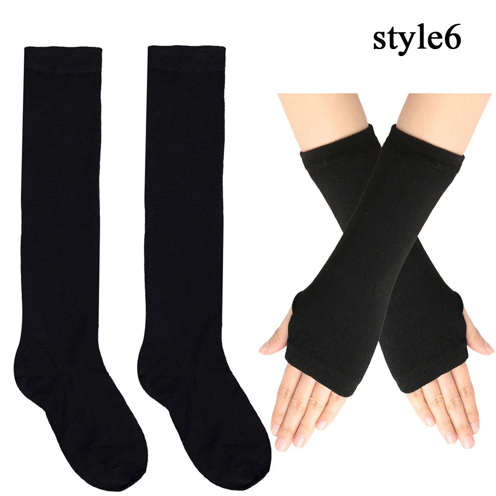 Women's Long Socks Fingerless Gloves Set Striped Arm Warmer Women Girls Over Knee Socks Cosplay Halloween Stockings Elbow Mitten