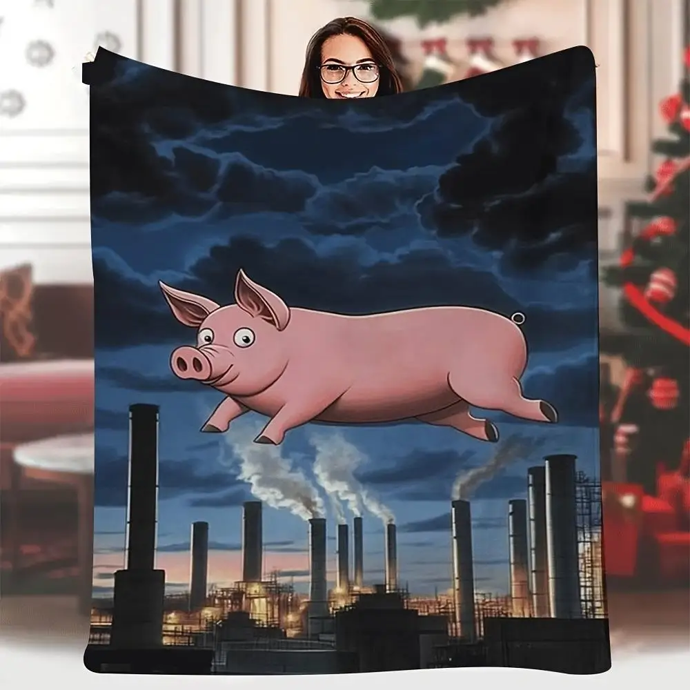 1pc Extra Long Throw Blanket - Flying Pig over Industrial City Skyline - Soft Flannel Fabric - All-Season Couch, Bed, Office