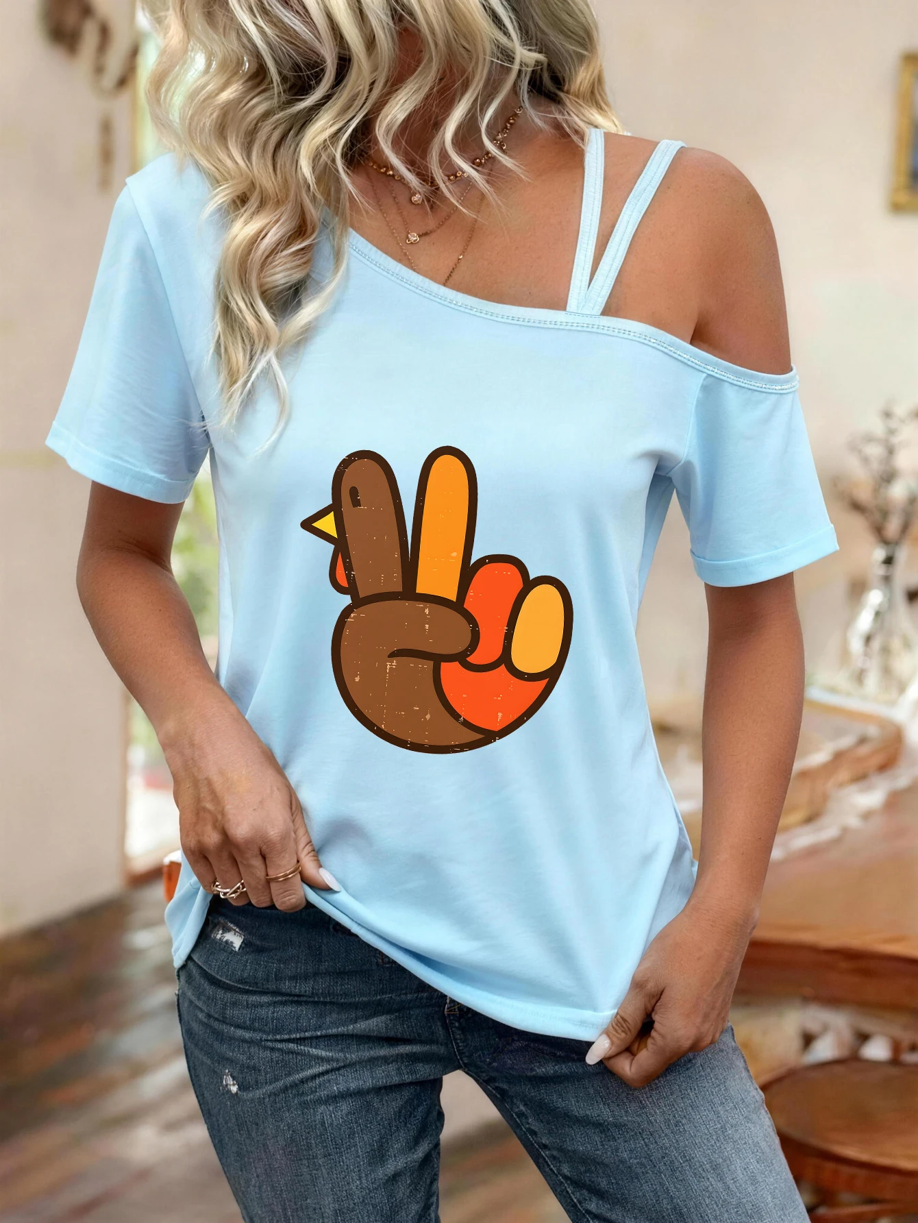 Printed Y2K Style Spring and Summer Hot-Selling Women's Fashionable Casual One-Shoulder Strap Short-Sleeve Top