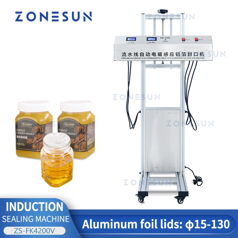 

ZONESUN In-line Continuous Induction Aluminum Foil Seal Sealing Machine for Plastic Bottle Cap Lids Honey Packing ZS-FK4200V