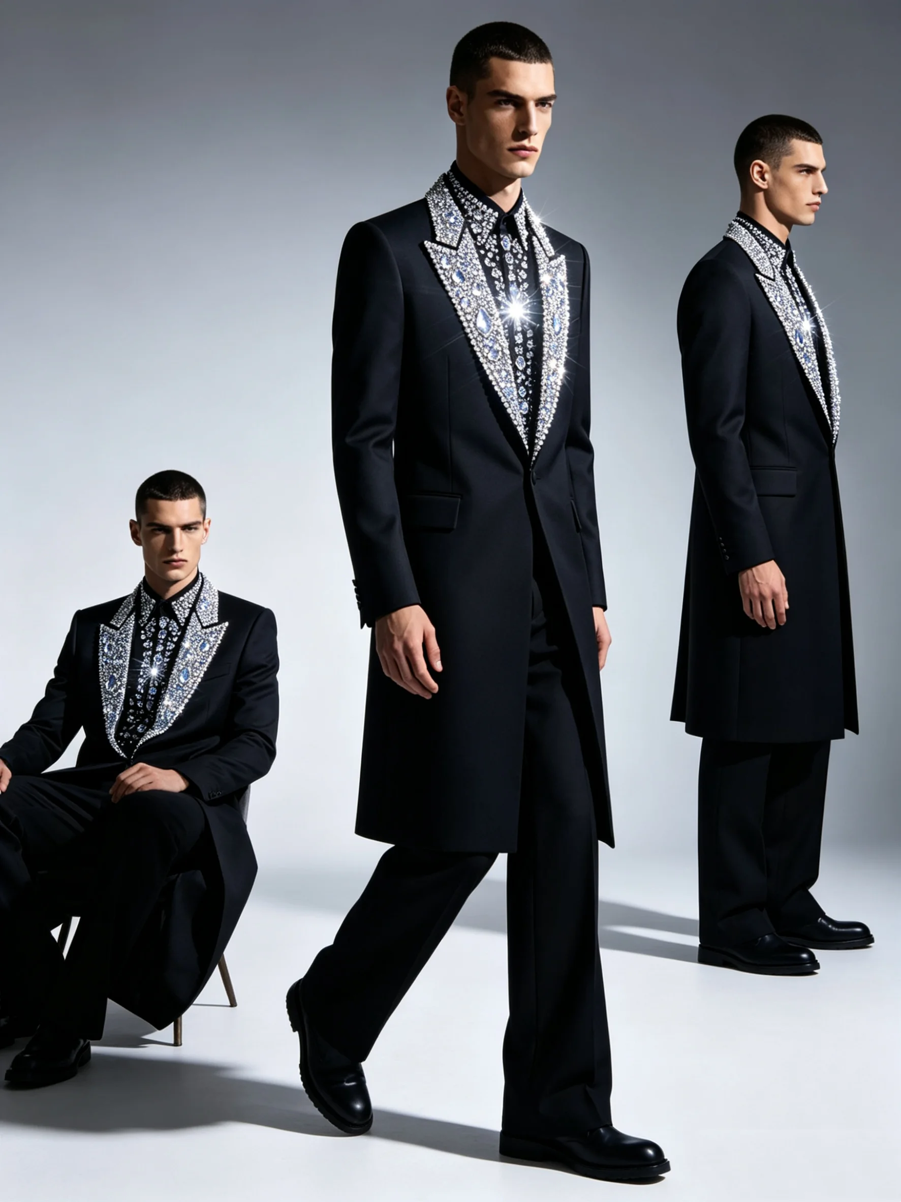 

Black Long Men Suit Set 2 Pcs Blazer+Pants Luxury Crystals Prom Wedding Tuxedos Coat Customized Formal Office Groom Jacket