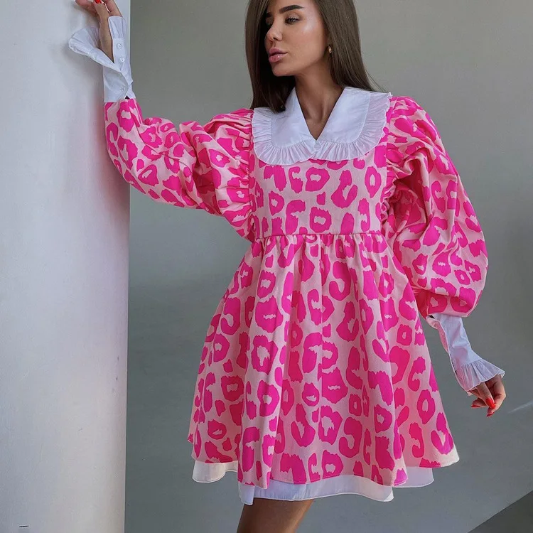 

2024 Spring New Fashionable Long Sleeve High Waist Printed A-Line Dress Doll Neck Fluffy Skirt