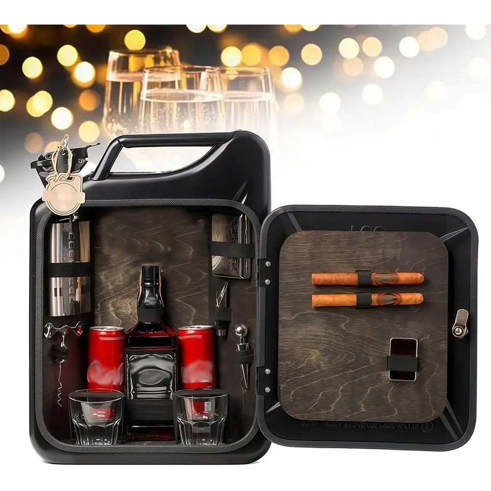 

Portable 20L Jerry Can Mini Bar, Lockable Metal & Wood Wine Cabinet, 36x47x17cm, Ideal for Parties & Gifts