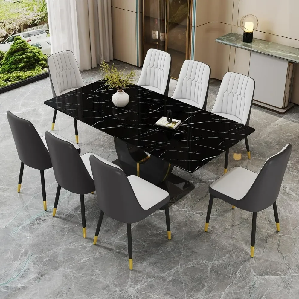 

Faux Marble Dining Table Set for 8,Kitchen Table Chairs Set of 8 PU Leather Upholstered Chairs,Dining Room Set for Kitchen