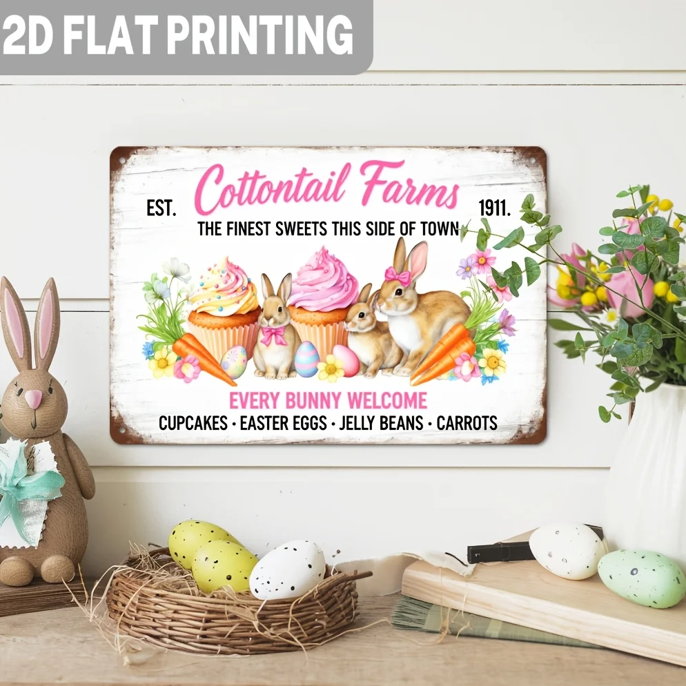 2D Flat, 1pc Cottontail Farms Metal Tin Sign - Vintage Bunny Rabbit & Farmhouse Wall Decor with Cottontail Farms - Rustic Iron 2