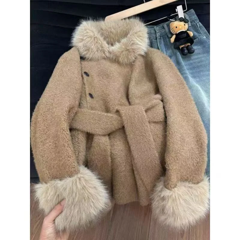 Elegant Coat Women Fashion Faux Fur Patchwork Jackets Winter Korean Bandage Long Sleeve Fluffy Outerwears Ladies Warm Coats New