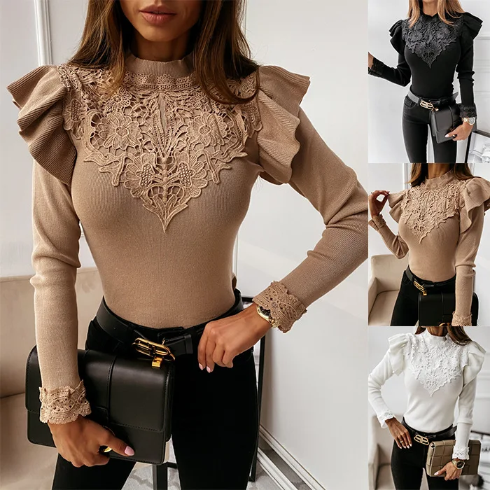 

Faionable Long Sve Pure Color Women's Base irt Lace Trim Street Sle Acetate Fiber Ultra ort Length Winter New Arrival
