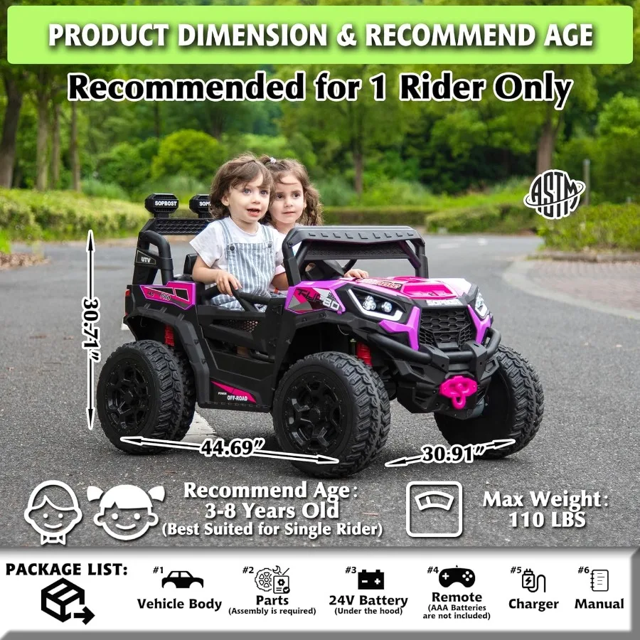 24Vプレミアム4x4乗用玩具UTV（子供用）、リモコン付き、電動オフロードトラック、EVAゴムタイヤ、2WD/4WD切り替え、音楽機能付き