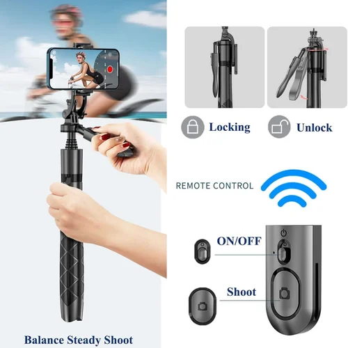 Imagen 2 del producto Trípode inalámbrico extensible de 1,55 m con control remoto Bluetooth para iPhone Android GoPro, 360 ° Soporte de teléfono giratorio para vídeos