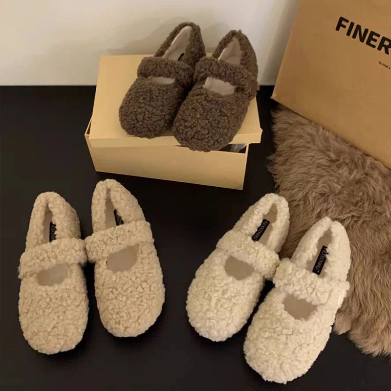 

Женские тапочки на меху ягненка на плоской подошве, зимняя уличная одежда, лоферы с круглым носком на подкладке Mary Jane Single oes, корейские лоферы с круглым носком