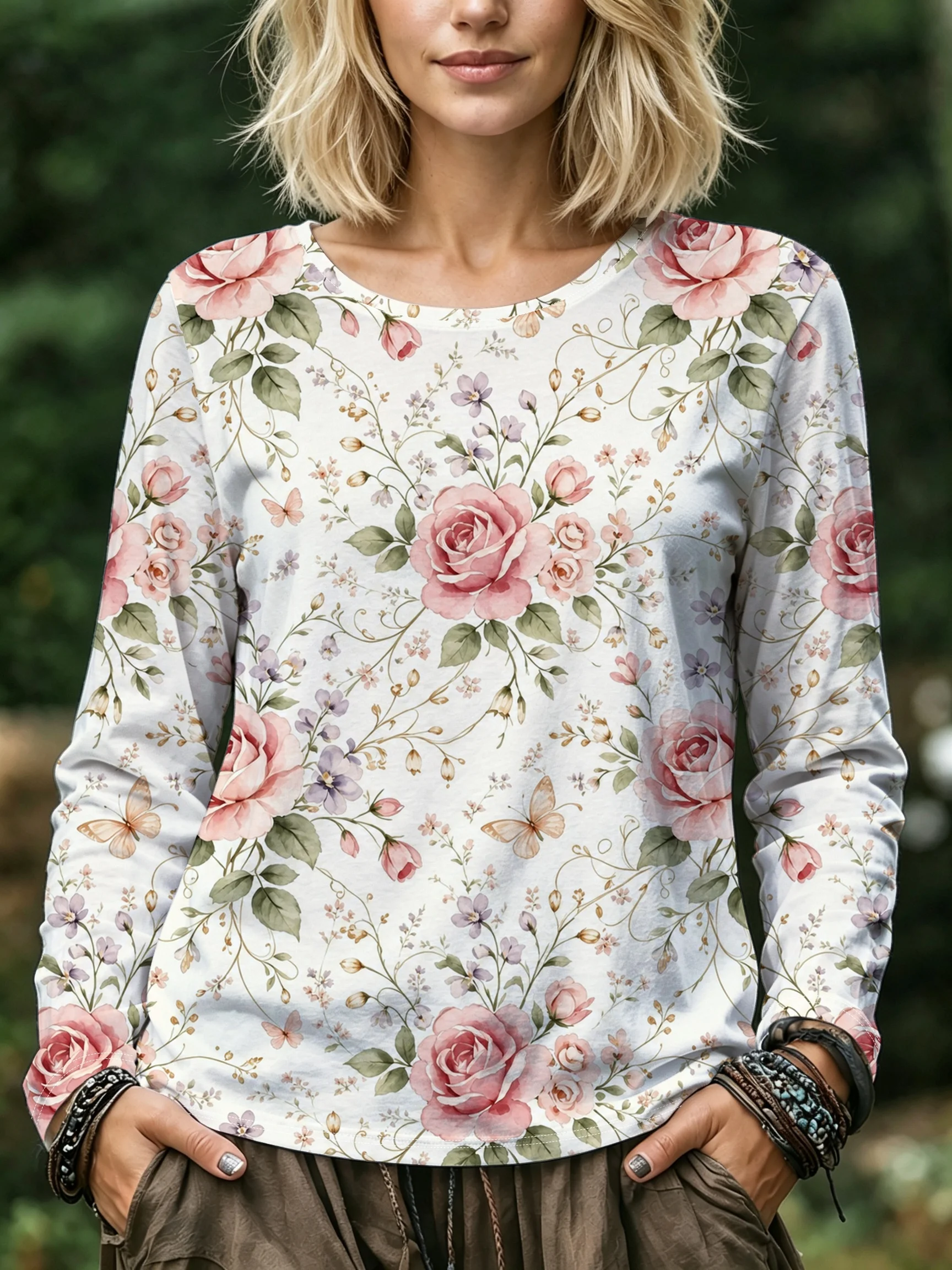 Women Blouse Bright Peony Floral Print Round Neck Long Sleeve Pocket Casual Loose Tops Women's Clothes