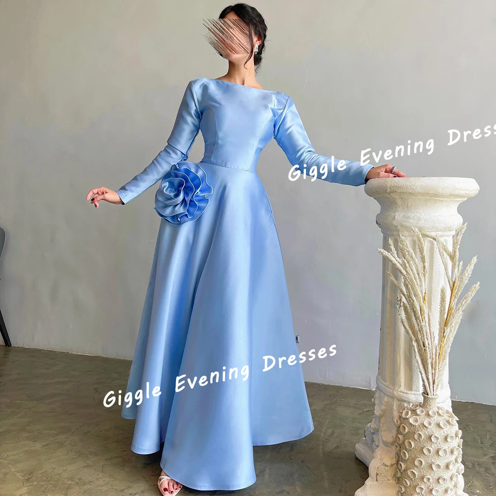 Giggle Satin O-Neck Flower A-Line Elegance Prom Gown Saudi Arab Eid al-Fitr Ankle-Length Evening Party Dresses for Women 2024