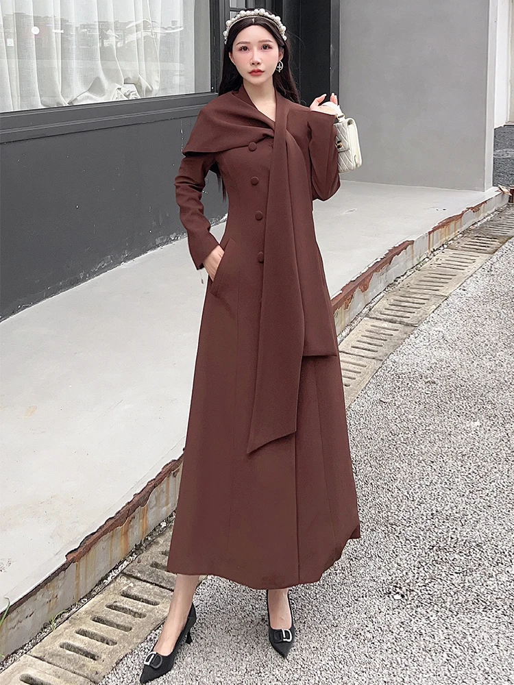 

Ele Slim Fit Long Double Breasted Women's Windbreaker Jaet Unique Sli Small oulder Wrap Coat for Autumn Winter