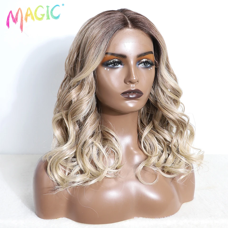 Magic Cosplay Synthetische Lace Front Pruiken 20 Inch Krullend Pruiken Kant Voorkant Ombre Blonde Pruiken Kant Pruiken Voor Vrouwen Kant Voorkant Pruik