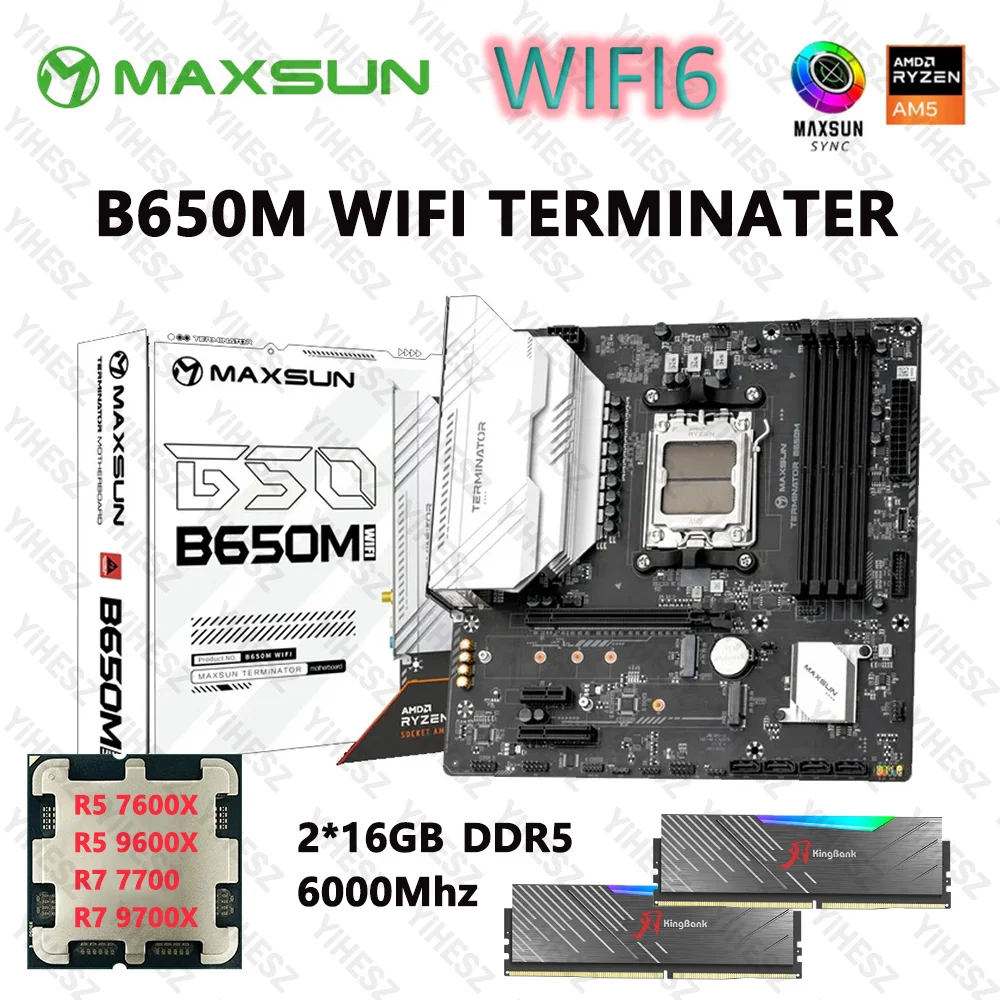 

MAXSUN B650M Terminator Motherboard Set AMD AM5 Ryzen 7000/9000series With 2*16GB 6000Mhz DDR5 Ram Support Bluetooth 5.2 SATA3.0