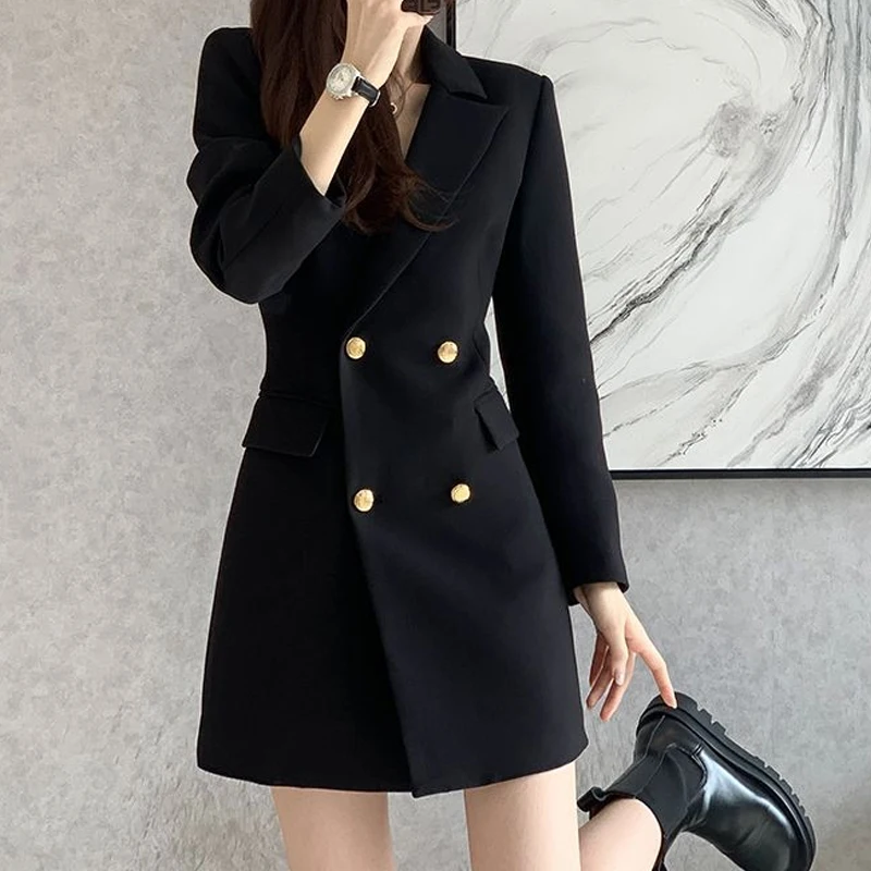 

Black Formal Dress Women Spring Autumn New Elegant Slim-fit Double Breasted Long Sleeve Mini Suit Dresses