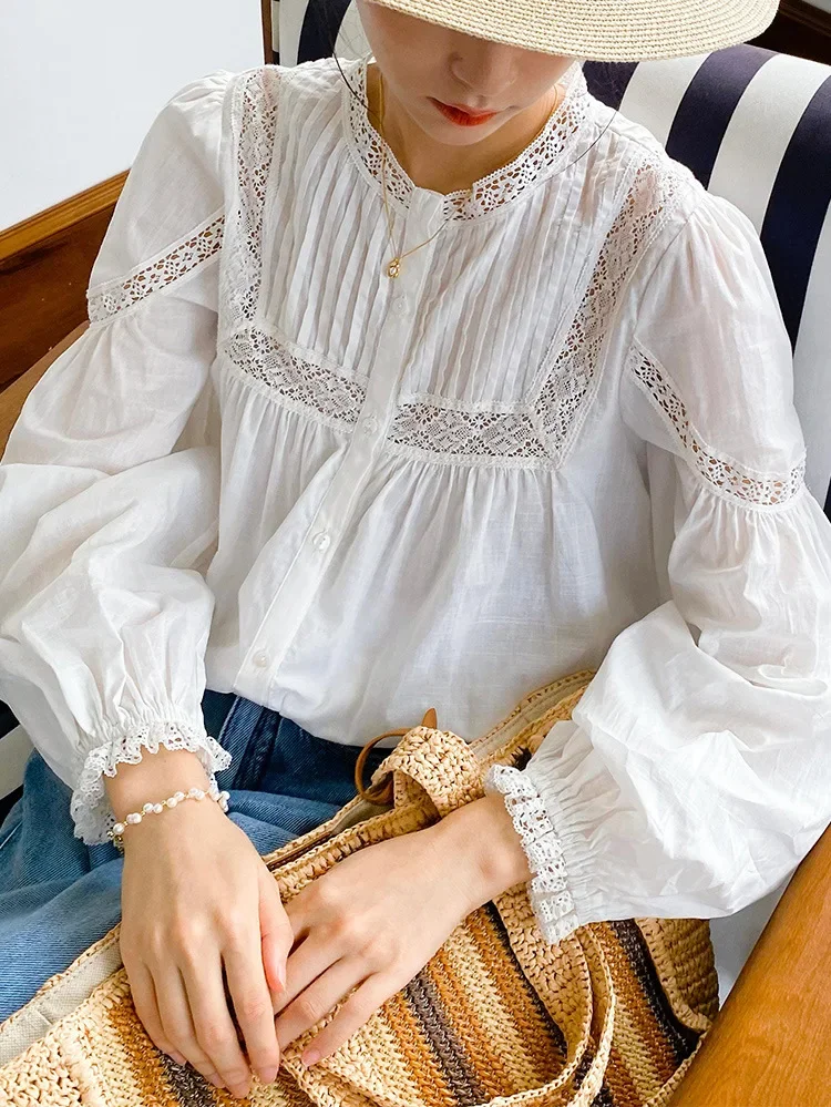 

GypsyLady French Elegant Chic Blouse Shirt Cotton Lace Hollow Out Spring Autumn Women Long Puff Sleeve Casual Ladies Top Shirts