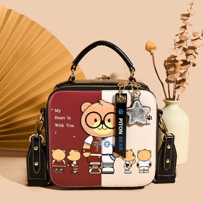 Square Handbag For Girl Original Crossbody Bags For Women 2023 HI-Q Cute Bear PU Leather Shoulder Bag Female Messenger Bag Purse