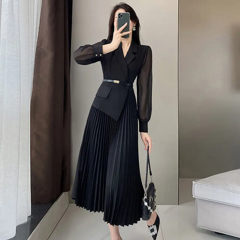 Women\'s Korean Fashion Blazer Patchwork Design Long Sleeve Dresses Office Lady Elegant High Waist Black Slim Pleated Midi Dress