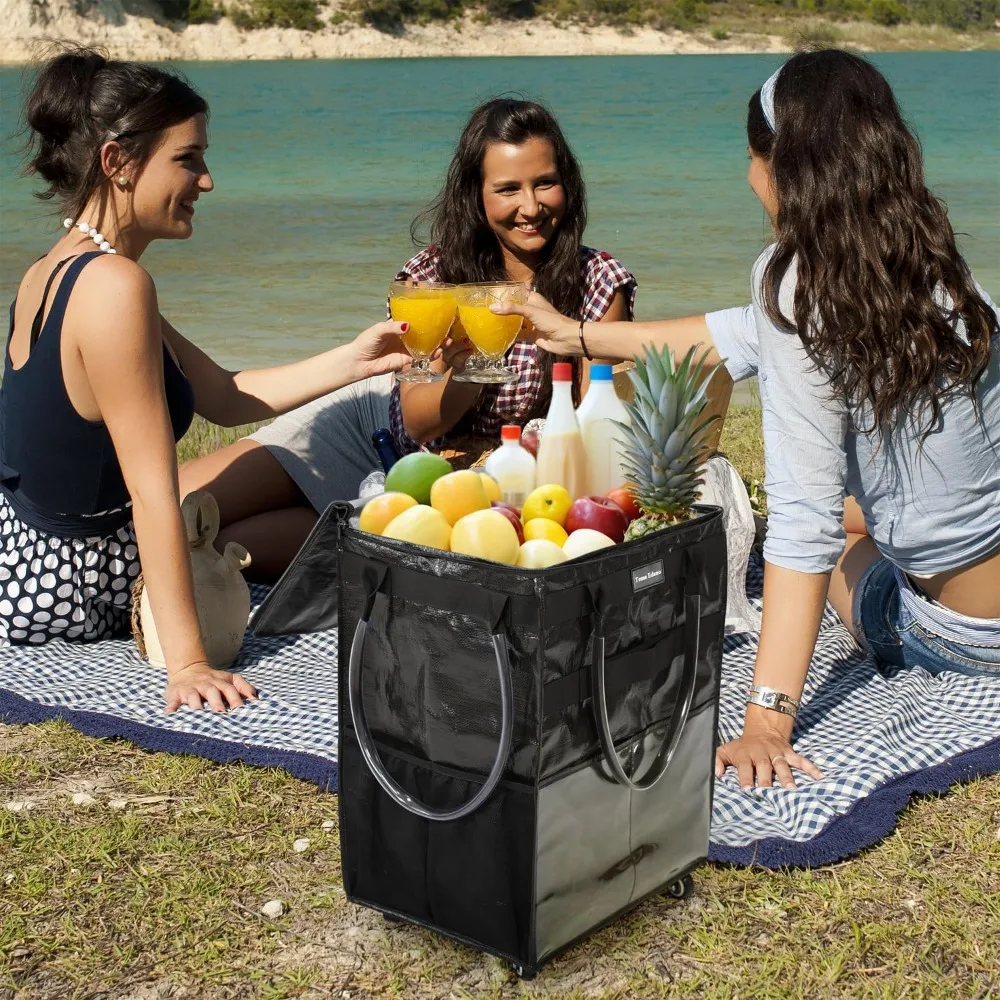 รถเข็นช้อปปิ้งแบบมีล้อขนาดใหญ่พร้อมดีไซน์พับได้ ที่จับแบบรับน้ำหนักได้มาก และช่องเก็บของด้านนอกสำหรับใส่ถุงช้อปปิ้งแบบใช้ซ้ำได้