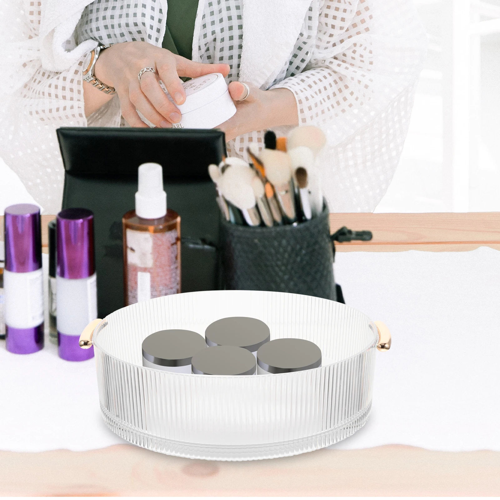 

Rotating Storage Turntable ganizer Round Makeup Tray Kitchen Sundries Holder Condiment Rotating Tray Non Slip Bottom Pads