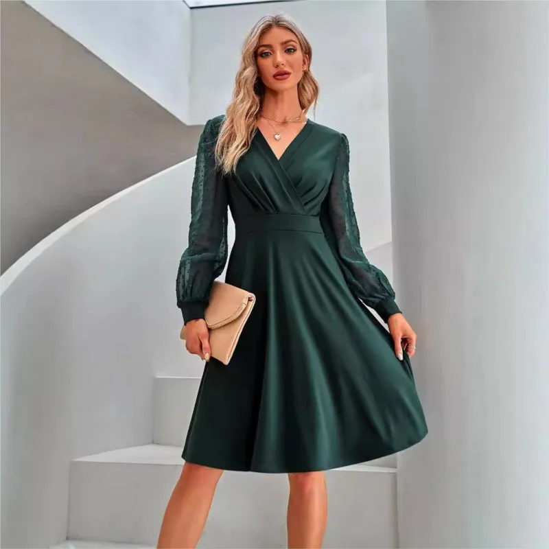 Fashion Commute Solid Color V-Neck Female Elegant Dress  Autumn Office Lady Mesh Long Sleeve Folds Knee Dresses Women's Clothing