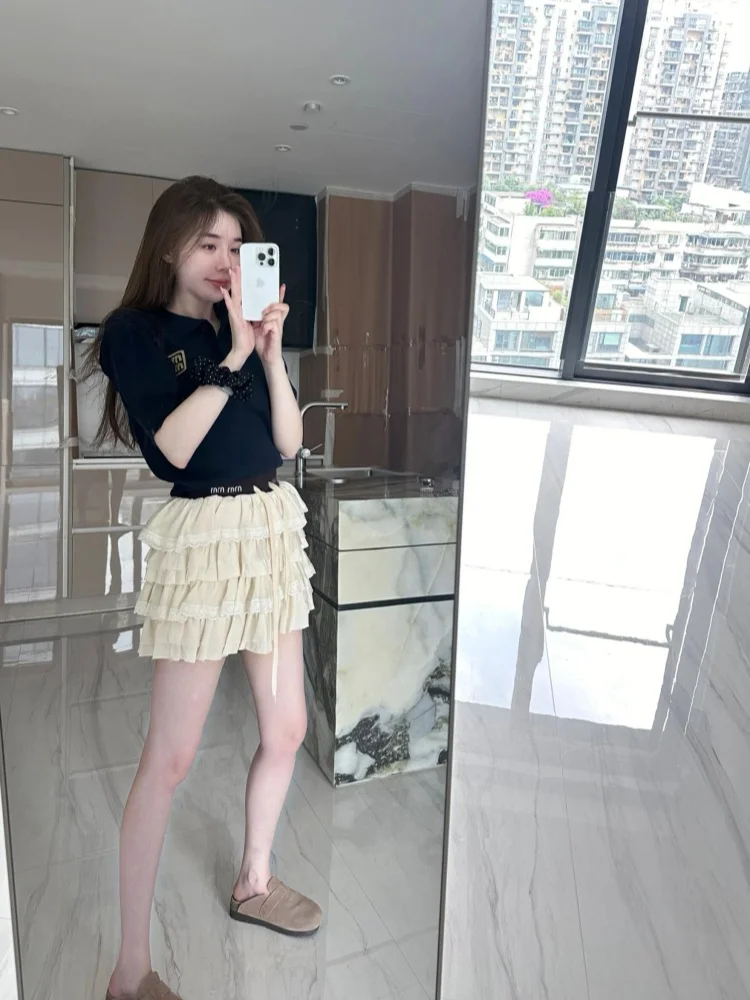 

High-End Miu Letter Embroidery Knitted irt ort Sve Turn-down Collar T-irt Women's European Sle Cotton Blend
