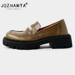 JOZHAMTA Size 34-39 Women Loafers Pumps Real Leather Platform Mid Chunky Heels Shoes Ins Fashion Spring Work Office Lady 2025