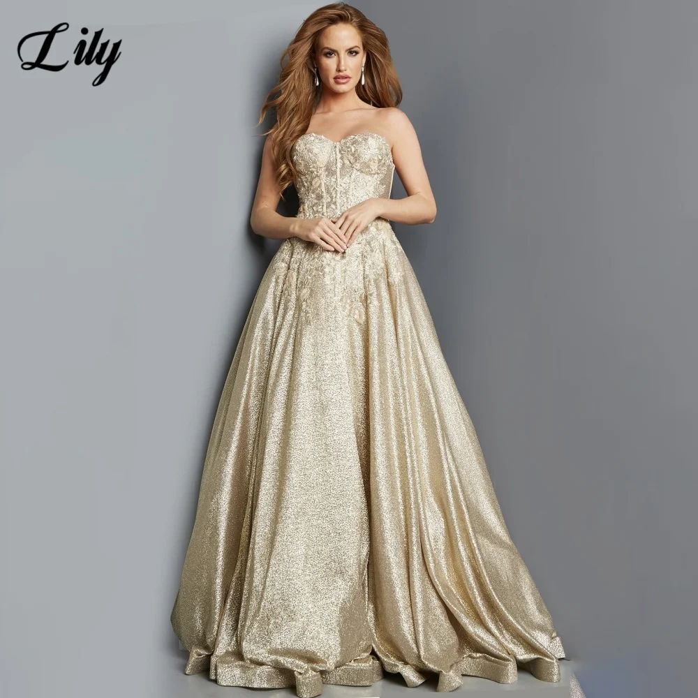 

Lily Gold Elegant Prom Dress Sweetheart Sleeveless Prom Gown with Fishbone A-Line Gorgeous Sequins Formal Gown 프롬 드레스 Customized