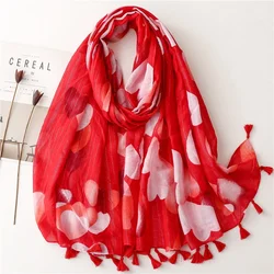 New Korean Sweet All-matching White Silk Scarf Red Love Heart Silver Silk Print Winter Warm Shawl Cotton Linen Feel Scarf Hijabs